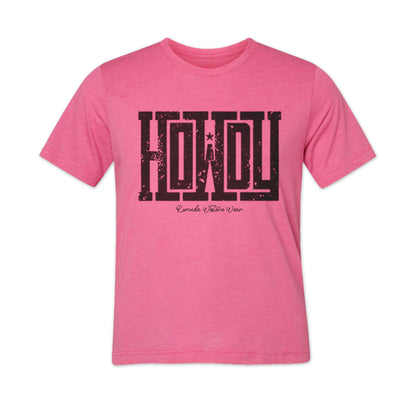 A western adult t-shirt with the word Howdy on the front. A great trendy tee for western wear, ranch wear, rodeo wear, or even a night out on the town for any cowboy or cowgirl.