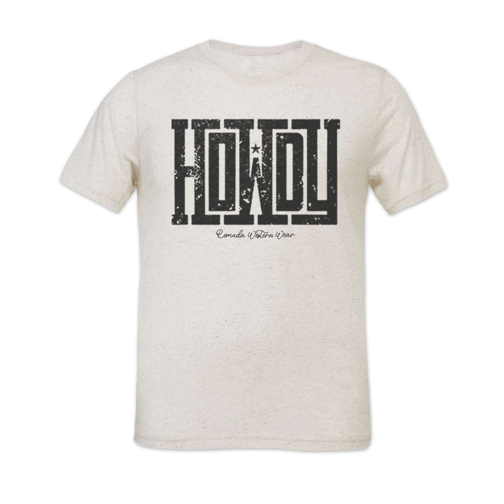 A western adult t-shirt with the word Howdy on the front. A great trendy tee for western wear, ranch wear, rodeo wear, or even a night out on the town for any cowboy or cowgirl.