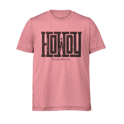 A western adult t-shirt with the word Howdy on the front. A great trendy tee for western wear, ranch wear, rodeo wear, or even a night out on the town for any cowboy or cowgirl.