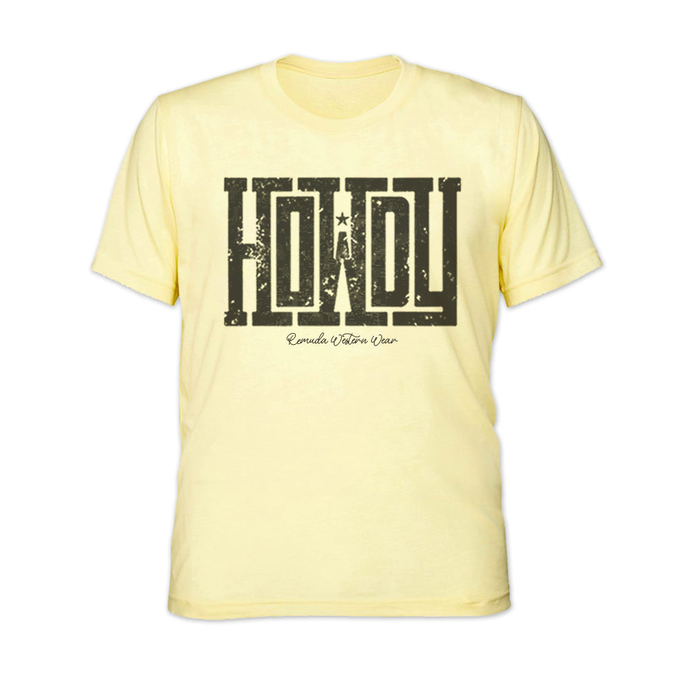 A western adult t-shirt with the word Howdy on the front. A great trendy tee for western wear, ranch wear, rodeo wear, or even a night out on the town for any cowboy or cowgirl.