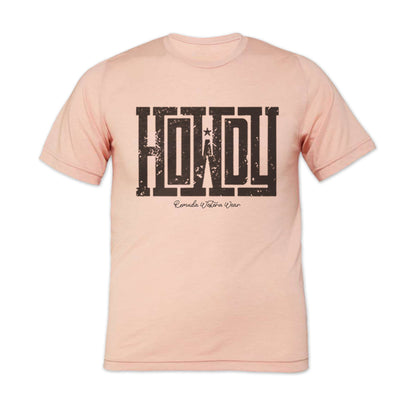 A western adult t-shirt with the word Howdy on the front. A great trendy tee for western wear, ranch wear, rodeo wear, or even a night out on the town for any cowboy or cowgirl.