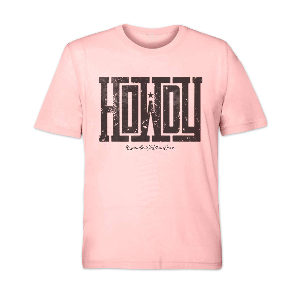 A western adult t-shirt with the word Howdy on the front. A great trendy tee for western wear, ranch wear, rodeo wear, or even a night out on the town for any cowboy or cowgirl.