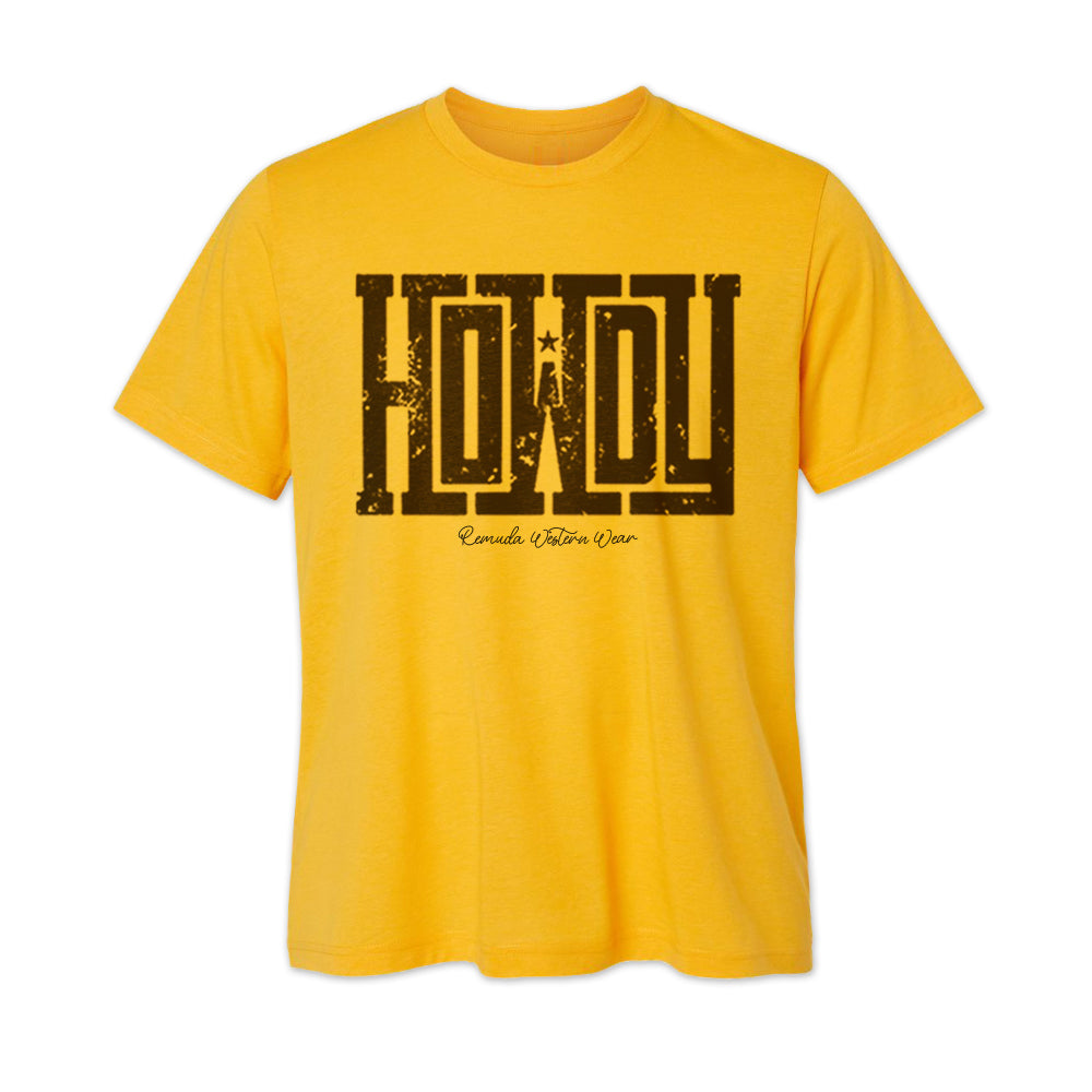 A western adult t-shirt with the word Howdy on the front. A great trendy tee for western wear, ranch wear, rodeo wear, or even a night out on the town for any cowboy or cowgirl.