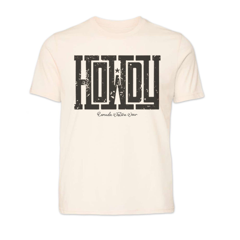 A western adult t-shirt with the word Howdy on the front. A great trendy tee for western wear, ranch wear, rodeo wear, or even a night out on the town for any cowboy or cowgirl.