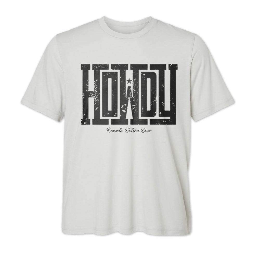 A western adult t-shirt with the word Howdy on the front. A great trendy tee for western wear, ranch wear, rodeo wear, or even a night out on the town for any cowboy or cowgirl.