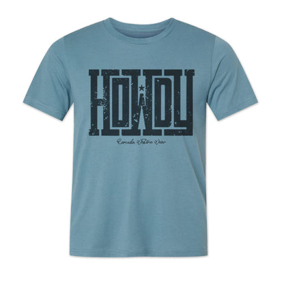 A western adult t-shirt with the word Howdy on the front. A great trendy tee for western wear, ranch wear, rodeo wear, or even a night out on the town for any cowboy or cowgirl.