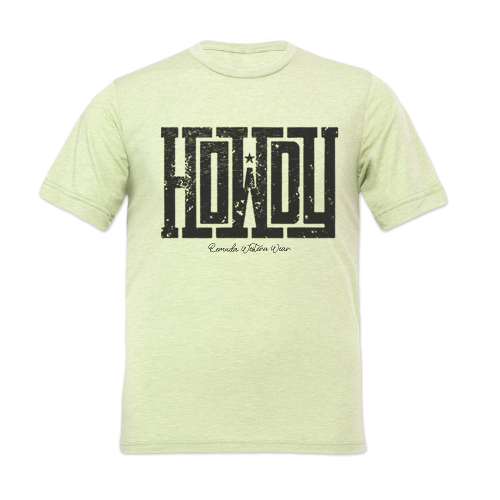 A western t-shirt with the word Howdy on the front. A great trendy tee for western wear, ranch wear, rodeo wear, or even a night out on the town for any cowboy or cowgirl.