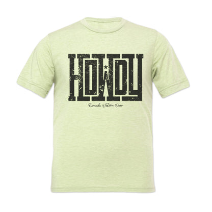 A western t-shirt with the word Howdy on the front. A great trendy tee for western wear, ranch wear, rodeo wear, or even a night out on the town for any cowboy or cowgirl.