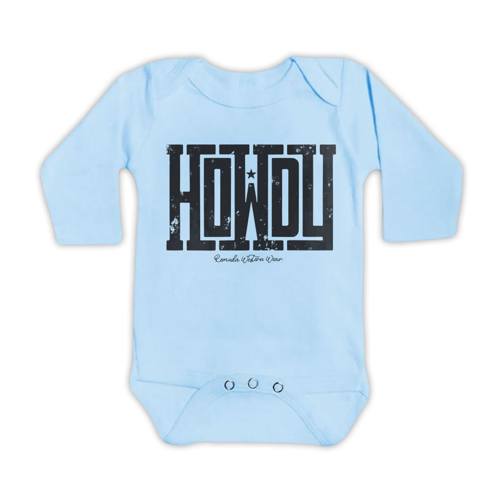 A western infant light ice blue colored long sleeve onesie with the word Howdy on the front. A great trendy onesie romper bodysuit for western wear, ranch wear, rodeo wear for any li'l cowboy or cowgirl.