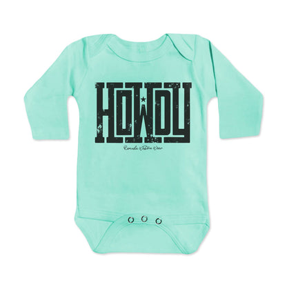 A western infant turquoise colored long sleeve onesie with the word Howdy on the front. A great trendy onesie romper bodysuit for western wear, ranch wear, rodeo wear for any li'l cowboy or cowgirl.