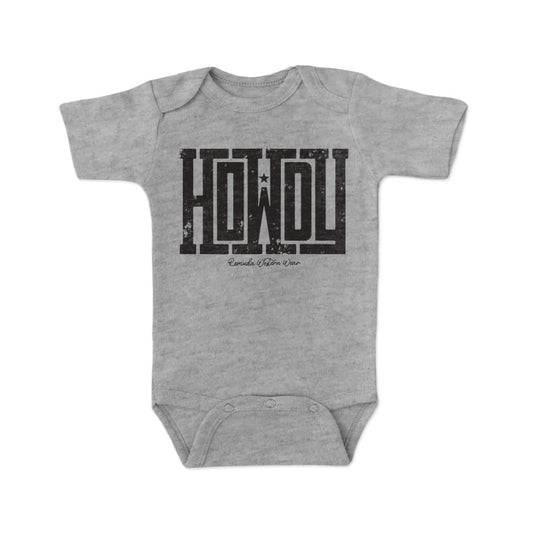 A western infant gray colored short sleeve onesie with the word Howdy on the front. A great trendy onesie romper bodysuit for western wear, ranch wear, rodeo wear for any li'l cowboy or cowgirl.
