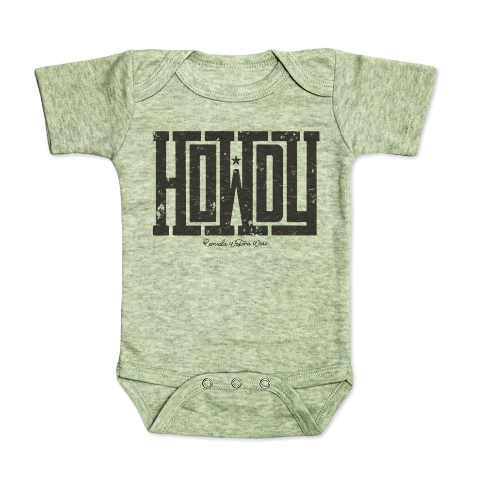 A western infant green colored short sleeve onesie with the word Howdy on the front. A great trendy onesie romper bodysuit for western wear, ranch wear, rodeo wear for any li'l cowboy or cowgirl.