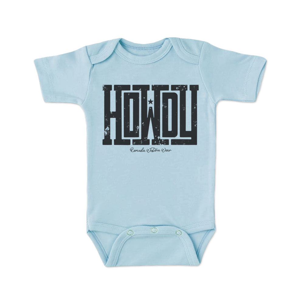 A western infant light ice blue colored short sleeve onesie with the word Howdy on the front. A great trendy onesie romper bodysuit for western wear, ranch wear, rodeo wear for any li'l cowboy or cowgirl.