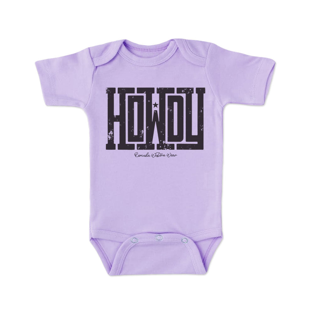 A western infant lilac purple colored short sleeve onesie with the word Howdy on the front. A great trendy onesie romper bodysuit for western wear, ranch wear, rodeo wear for any li'l cowboy or cowgirl.