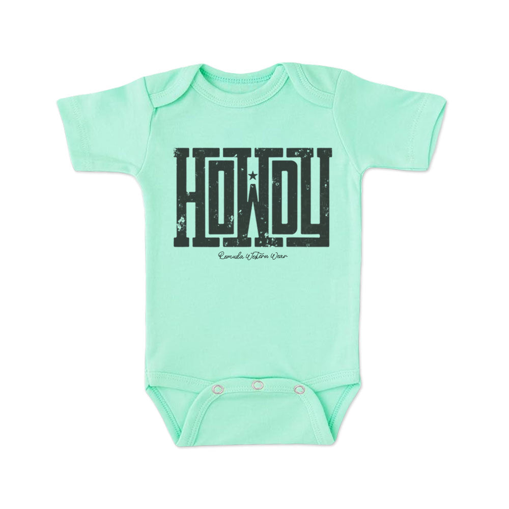 A western infant turquoise colored short sleeve onesie with the word Howdy on the front. A great trendy onesie romper bodysuit for western wear, ranch wear, rodeo wear for any li'l cowboy or cowgirl.