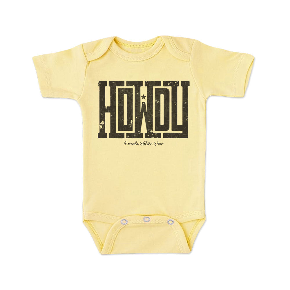 A western infant yellow colored short sleeve onesie with the word Howdy on the front. A great trendy onesie romper bodysuit for western wear, ranch wear, rodeo wear for any li'l cowboy or cowgirl.