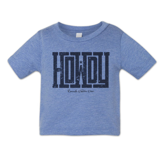 A western infant blue colored t-shirt with the word Howdy on the front. A great trendy tee for western wear, ranch wear, rodeo wear for any cowboy or cowgirl.