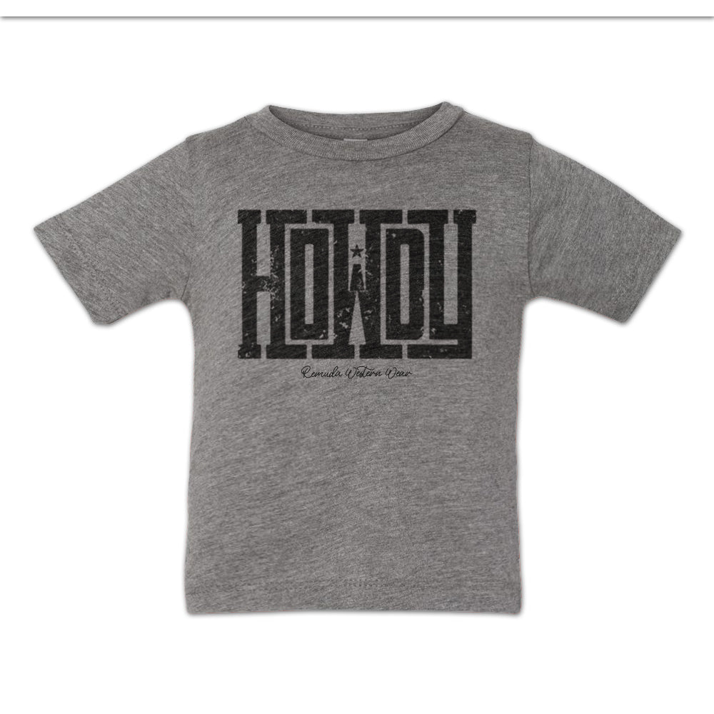 A western infant gray colored t-shirt with the word Howdy on the front. A great trendy tee for western wear, ranch wear, rodeo wear for any cowboy or cowgirl.