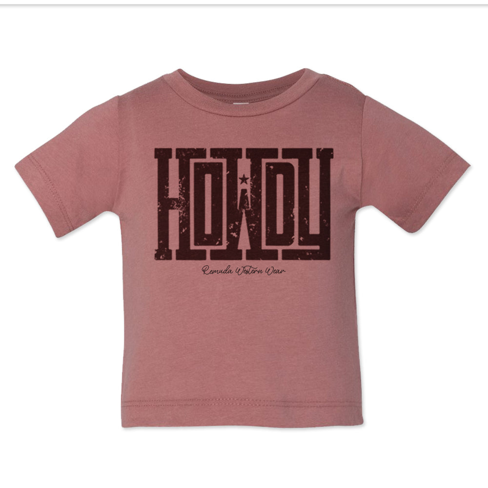 A western infant mauve colored t-shirt with the word Howdy on the front. A great trendy tee for western wear, ranch wear, rodeo wear for any cowboy or cowgirl.