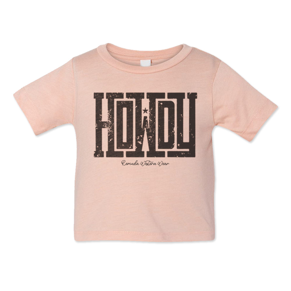 A western infant peach colored t-shirt with the word Howdy on the front. A great trendy tee for western wear, ranch wear, rodeo wear for any cowboy or cowgirl.