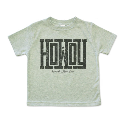 A western infant sage green heather colored t-shirt with the word Howdy on the front. A great trendy tee for western wear, ranch wear, rodeo wear for any cowboy or cowgirl.