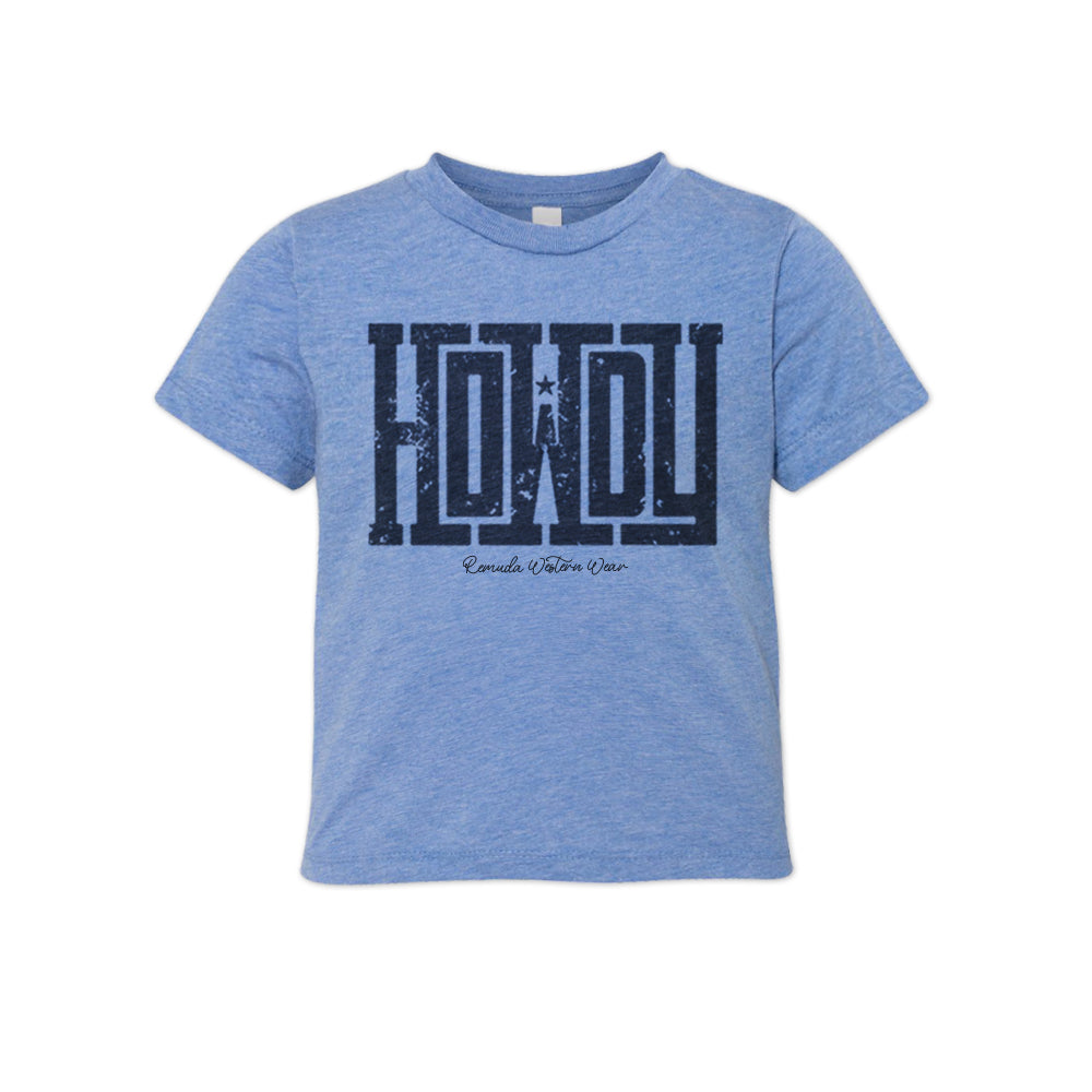 A western toddler blue colored t-shirt with the word Howdy on the front. A great trendy tee for western wear, ranch wear, rodeo wear for any cowboy or cowgirl.