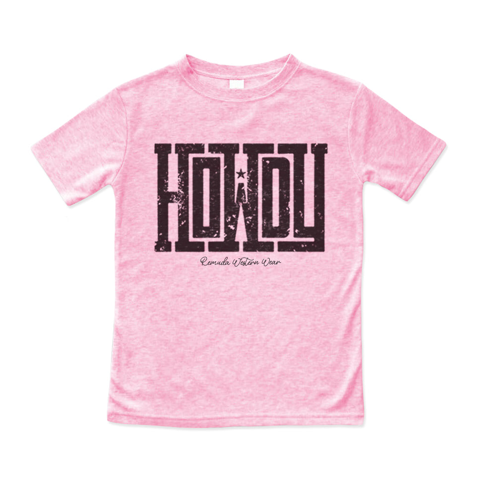 A western toddler cotton candy pink colored t-shirt with the word Howdy on the front. A great trendy tee for western wear, ranch wear, rodeo wear for any cowboy or cowgirl.