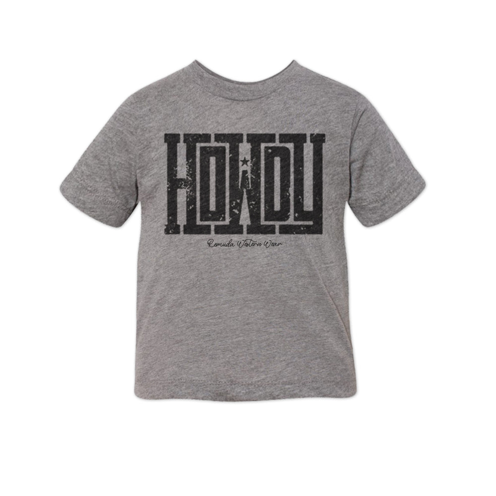 A western toddler gray colored t-shirt with the word Howdy on the front. A great trendy tee for western wear, ranch wear, rodeo wear for any cowboy or cowgirl.