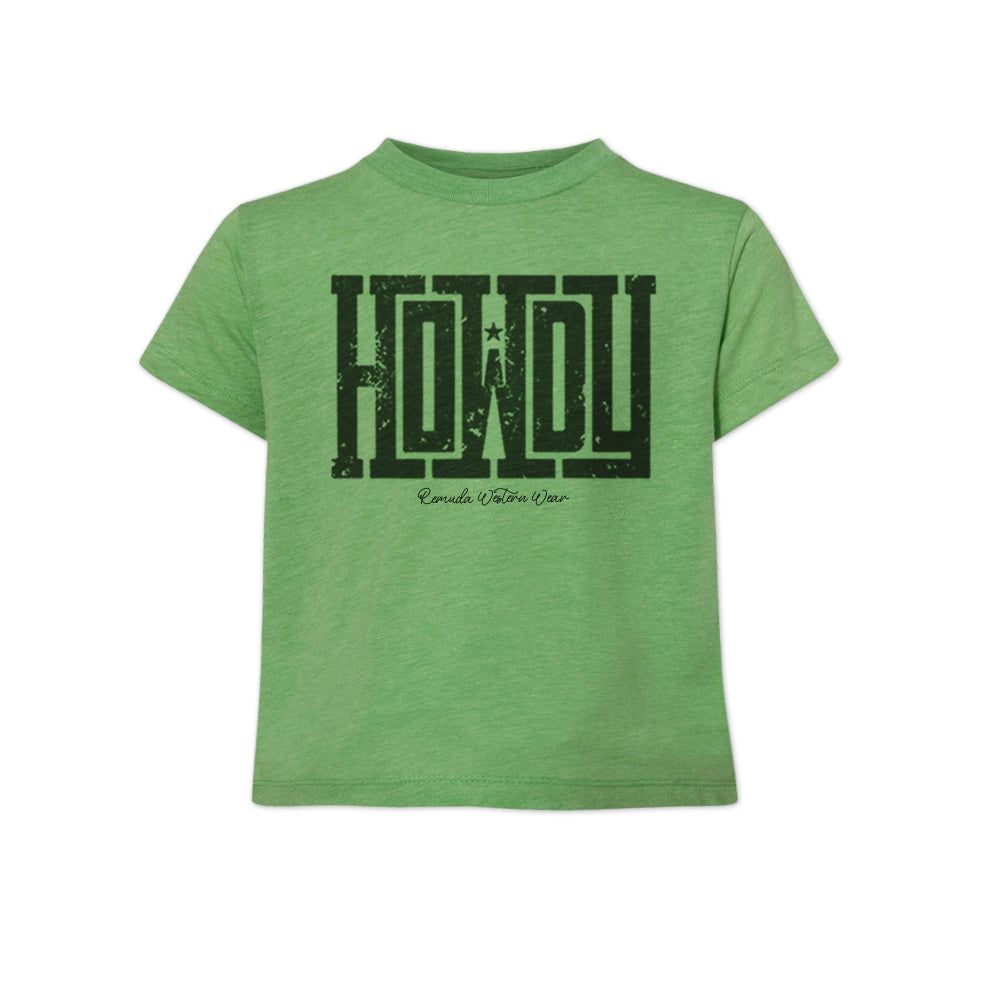 A western toddler green colored t-shirt with the word Howdy on the front. A great trendy tee for western wear, ranch wear, rodeo wear for any cowboy or cowgirl.