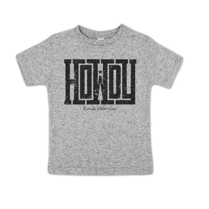 A western toddler heather gray colored t-shirt with the word Howdy on the front. A great trendy tee for western wear, ranch wear, rodeo wear for any cowboy or cowgirl.