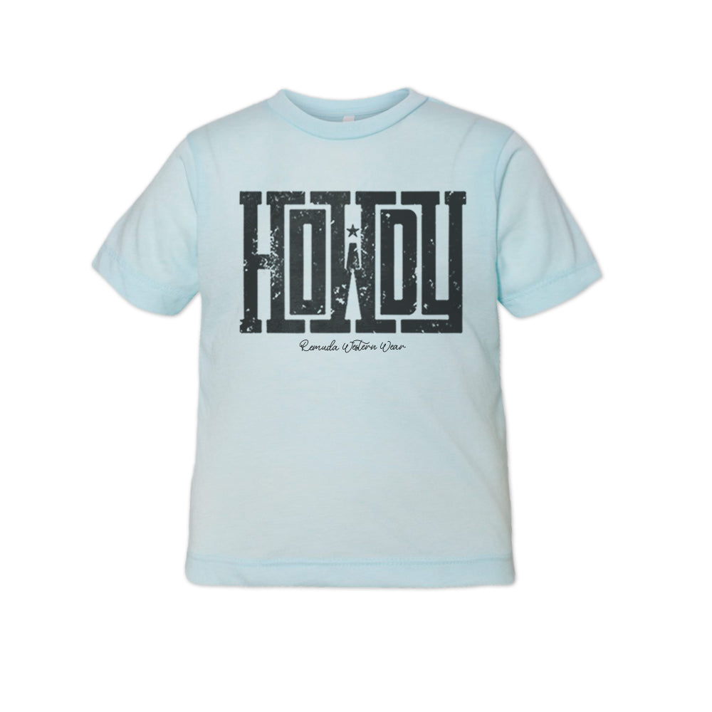 A western toddler light blue colored t-shirt with the word Howdy on the front. A great trendy tee for western wear, ranch wear, rodeo wear for any cowboy or cowgirl.