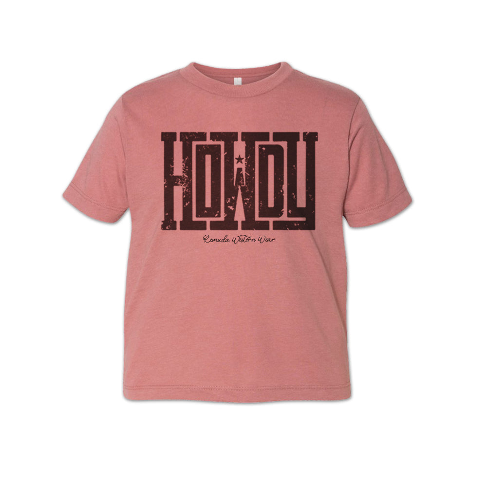 A western toddler mauve colored t-shirt with the word Howdy on the front. A great trendy tee for western wear, ranch wear, rodeo wear for any cowboy or cowgirl.