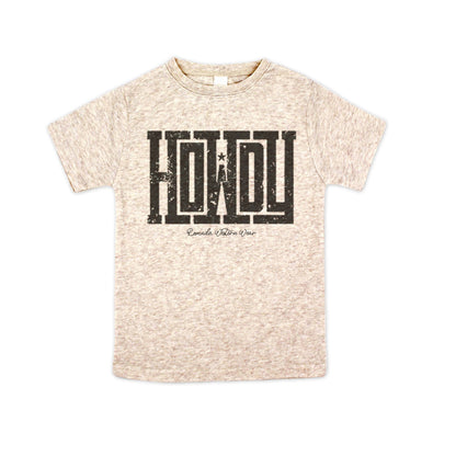 A western toddler oatmeal colored t-shirt with the word Howdy on the front. A great trendy tee for western wear, ranch wear, rodeo wear for any cowboy or cowgirl.