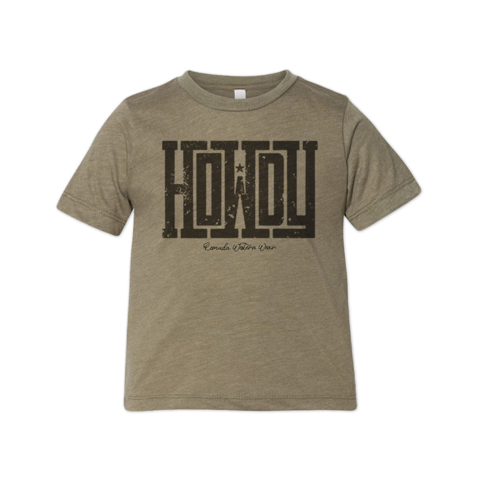 A western toddler olive colored t-shirt with the word Howdy on the front. A great trendy tee for western wear, ranch wear, rodeo wear for any cowboy or cowgirl.