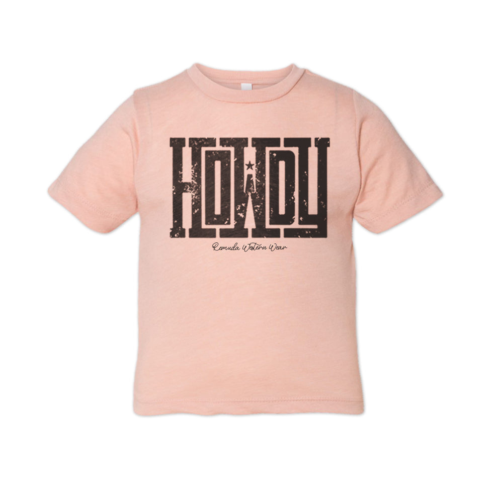 A western toddler peach colored t-shirt with the word Howdy on the front. A great trendy tee for western wear, ranch wear, rodeo wear for any cowboy or cowgirl.