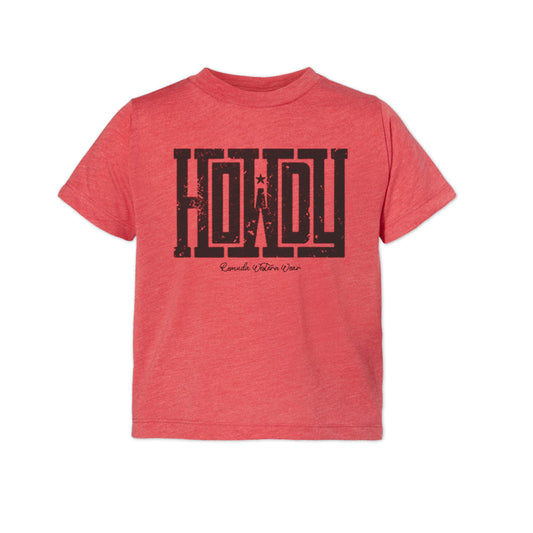 A western toddler red colored t-shirt with the word Howdy on the front. A great trendy tee for western wear, ranch wear, rodeo wear for any cowboy or cowgirl.
