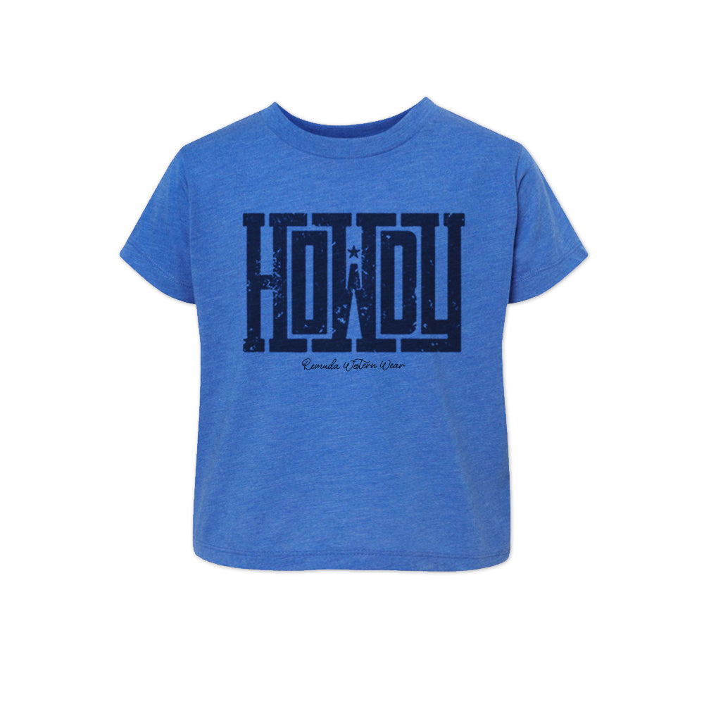 A western toddler royal blue colored t-shirt with the word Howdy on the front. A great trendy tee for western wear, ranch wear, rodeo wear for any cowboy or cowgirl.