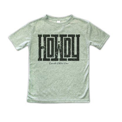 A western toddler sage green heather colored t-shirt with the word Howdy on the front. A great trendy tee for western wear, ranch wear, rodeo wear for any cowboy or cowgirl.