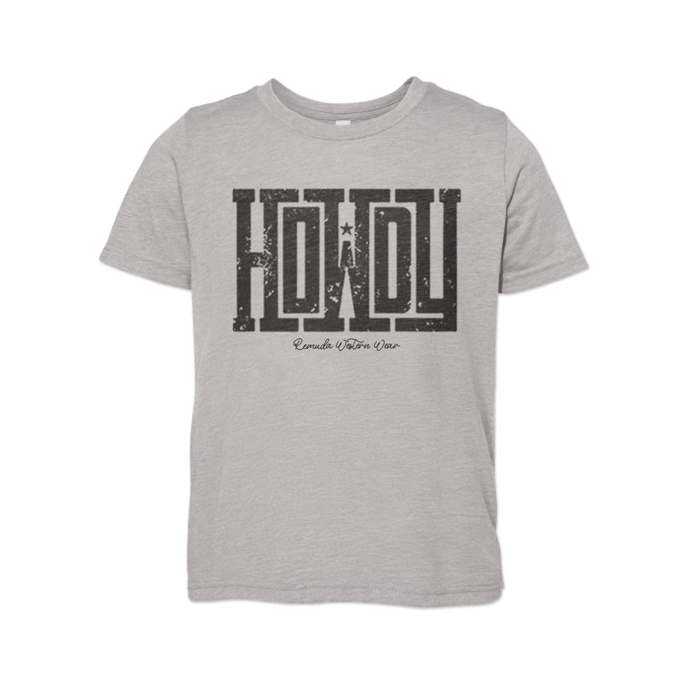 A western youth gray colored t-shirt with the word Howdy on the front. A great trendy tee for western wear, ranch wear, rodeo wear for any cowboy or cowgirl.