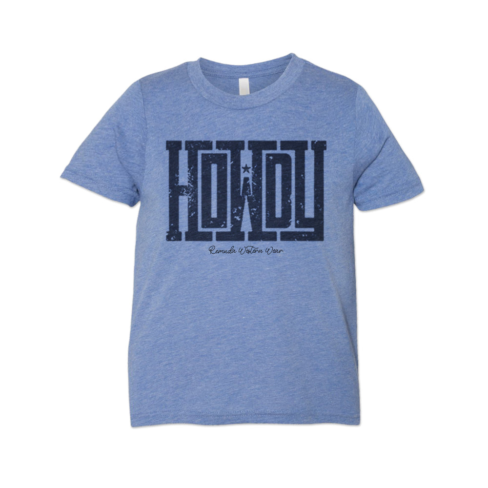 A western youth t-shirt with the word Howdy on the front. A great trendy blue colored tee for western wear, ranch wear, rodeo wear for any cowboy or cowgirl.