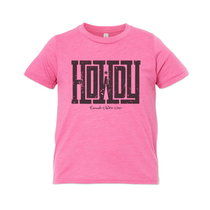 A western youth t-shirt with the word Howdy on the front. A great trendy pink colored tee for western wear, ranch wear, rodeo wear for any cowboy or cowgirl.