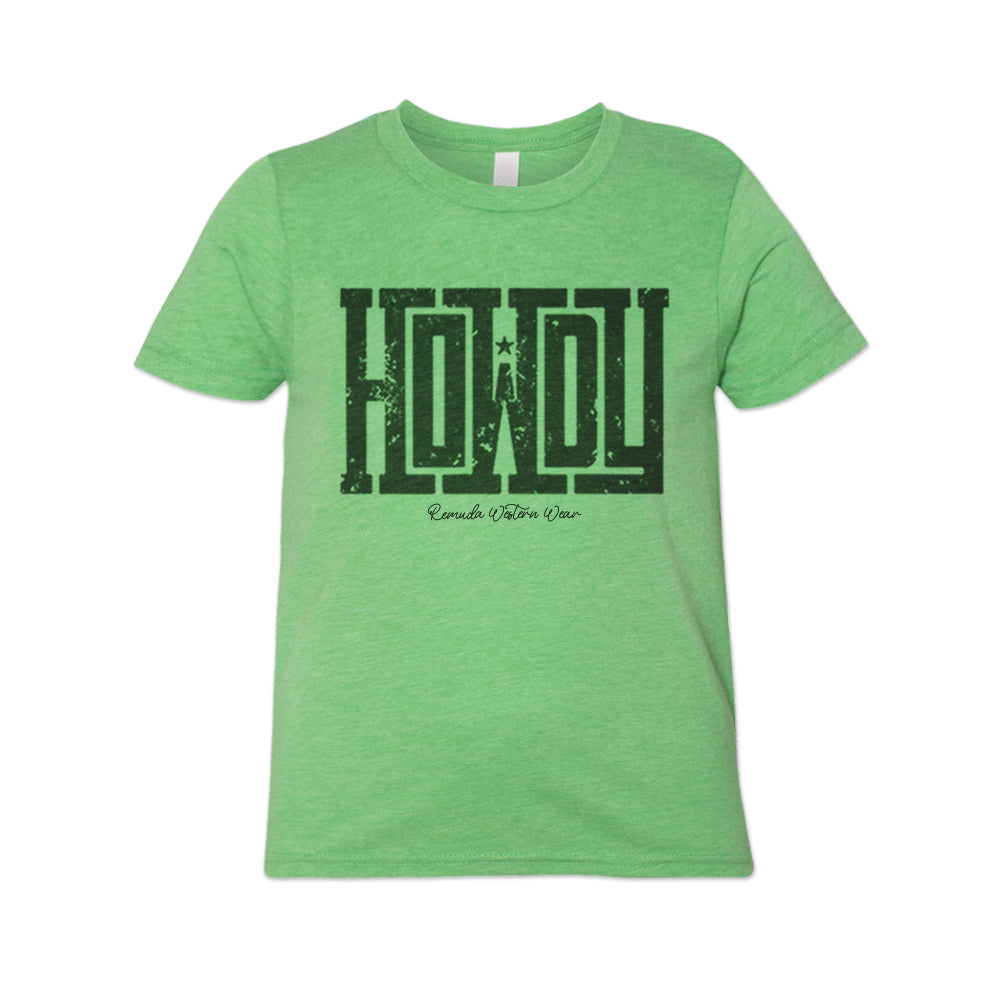 A western youth t-shirt with the word Howdy on the front. A great trendy green colored tee for western wear, ranch wear, rodeo wear for any cowboy or cowgirl.