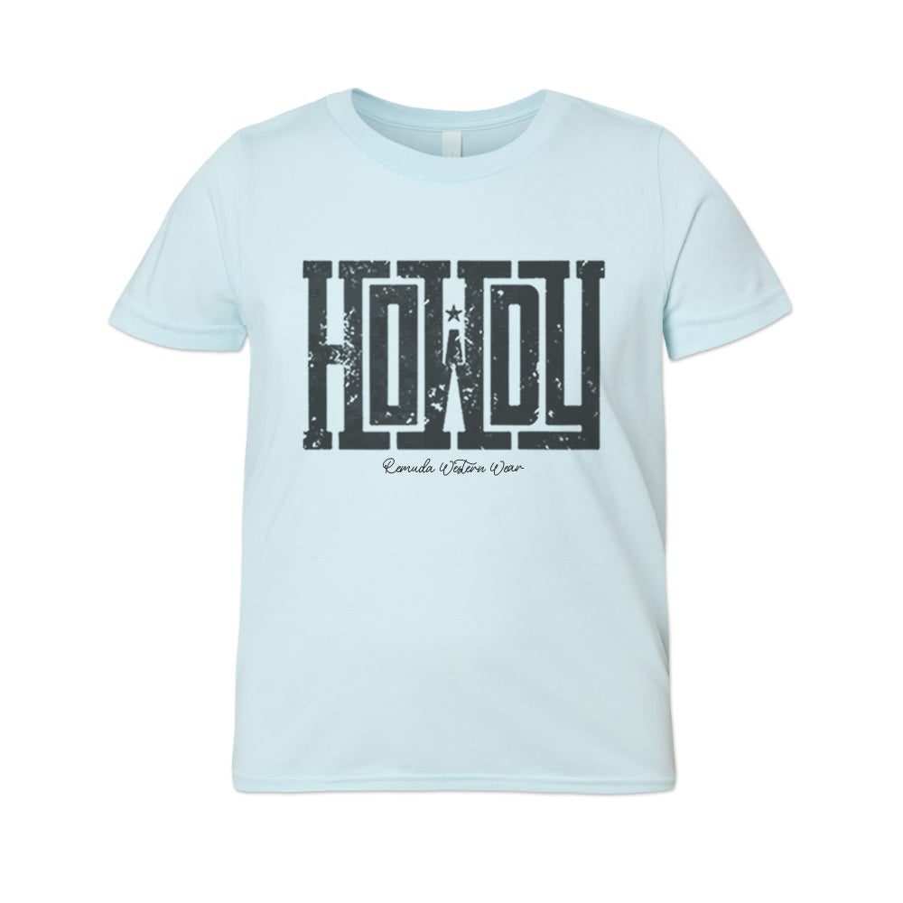 A western youth t-shirt with the word Howdy on the front. A great trendy ice blue colored tee for western wear, ranch wear, rodeo wear for any cowboy or cowgirl.