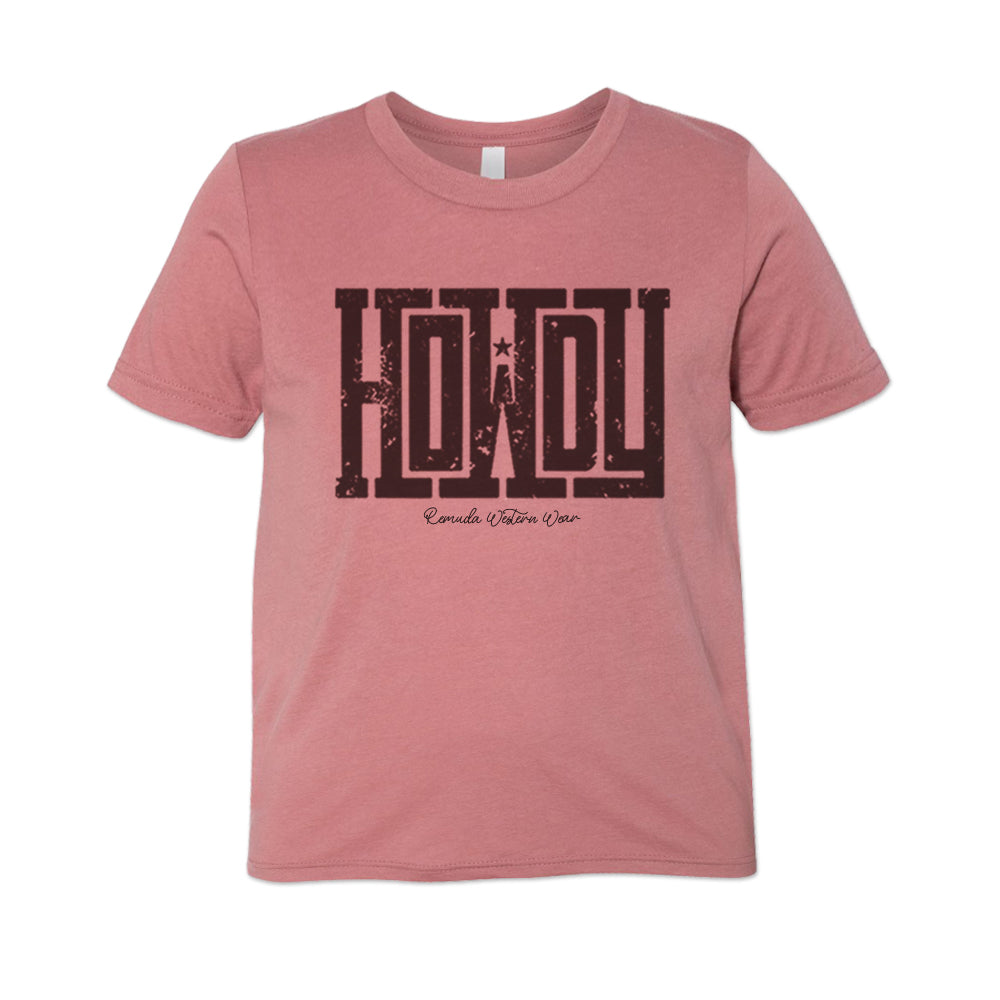 A western youth t-shirt with the word Howdy on the front. A great trendy mauve colored tee for western wear, ranch wear, rodeo wear for any cowboy or cowgirl.