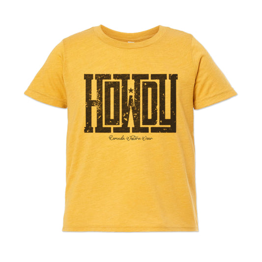 A western youth t-shirt with the word Howdy on the front. A great trendy mustard yellow colored tee for western wear, ranch wear, rodeo wear for any cowboy or cowgirl.