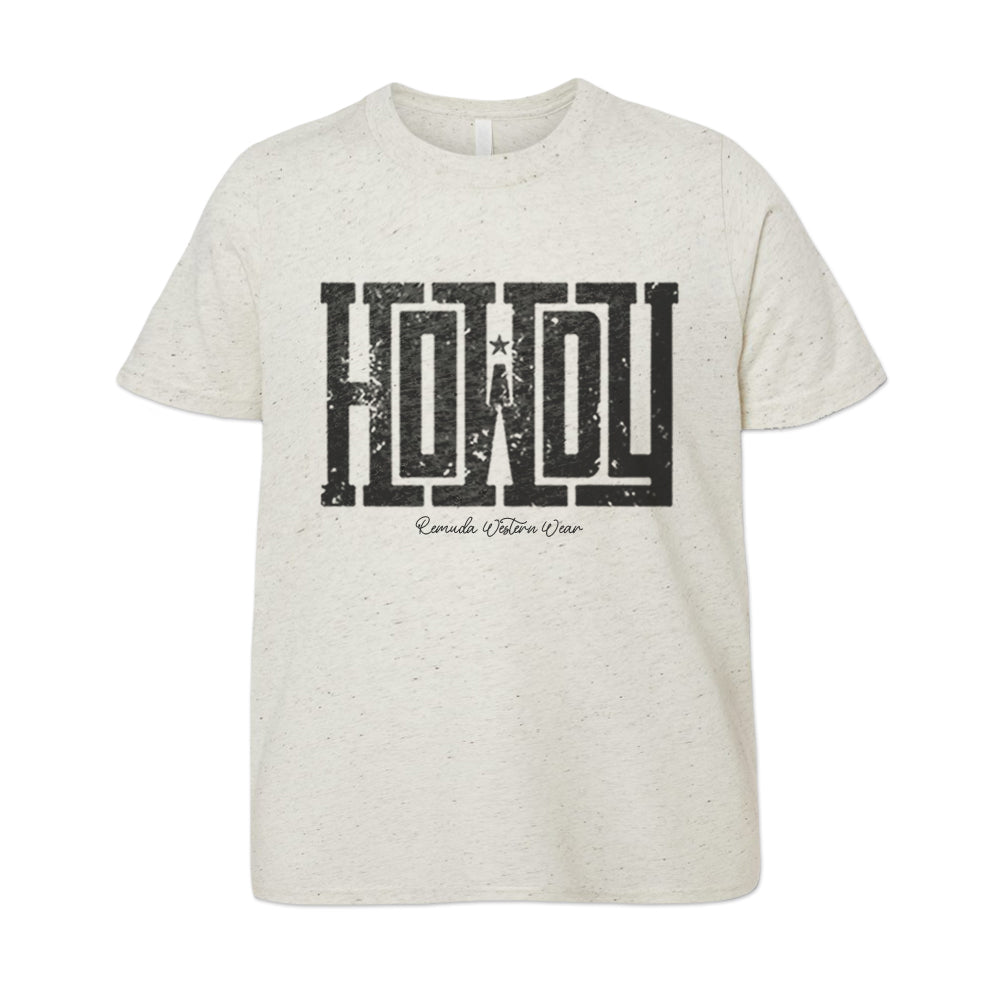 A western youth t-shirt with the word Howdy on the front. A great trendy oatmeal colored tee for western wear, ranch wear, rodeo wear for any cowboy or cowgirl.