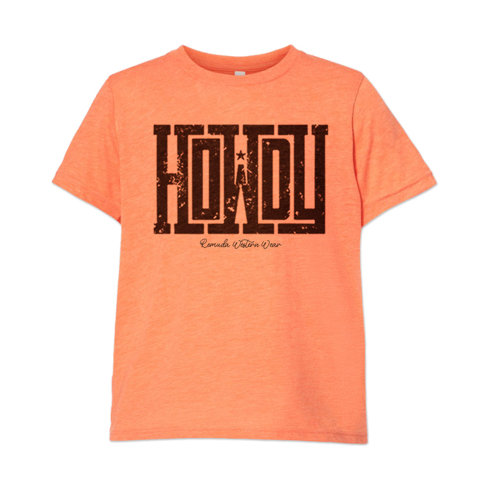 A western youth t-shirt with the word Howdy on the front. A great trendy orange colored tee for western wear, ranch wear, rodeo wear for any cowboy or cowgirl.