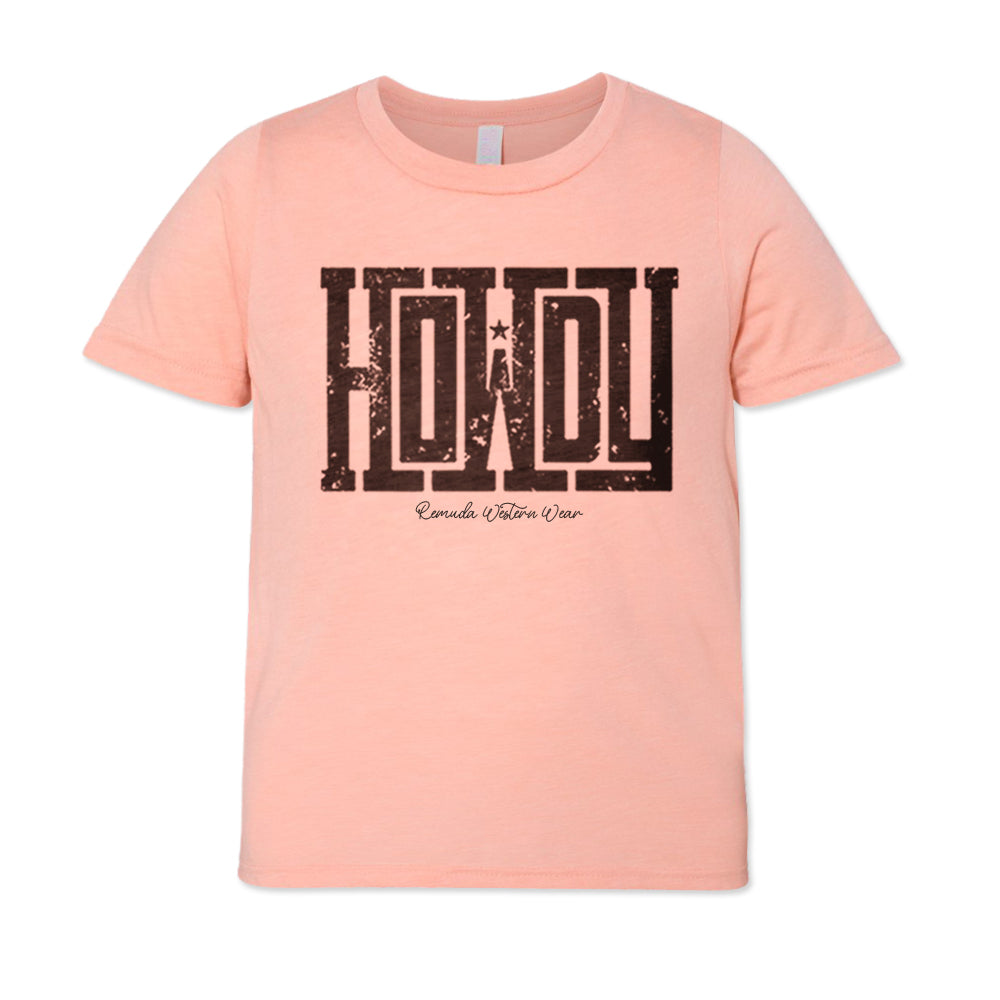 A western youth t-shirt with the word Howdy on the front. A great trendy peach colored tee for western wear, ranch wear, rodeo wear for any cowboy or cowgirl.