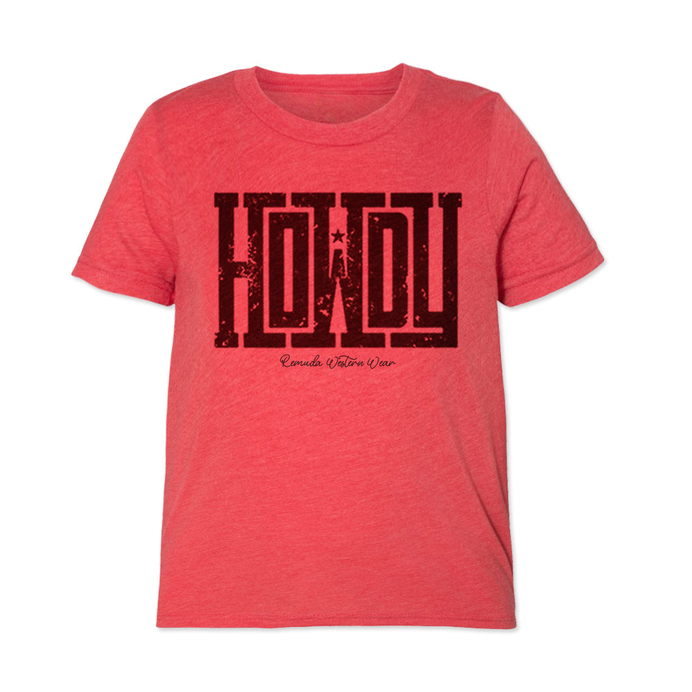 A western youth t-shirt with the word Howdy on the front. A great trendy red tee for western wear, ranch wear, rodeo wear for any cowboy or cowgirl.