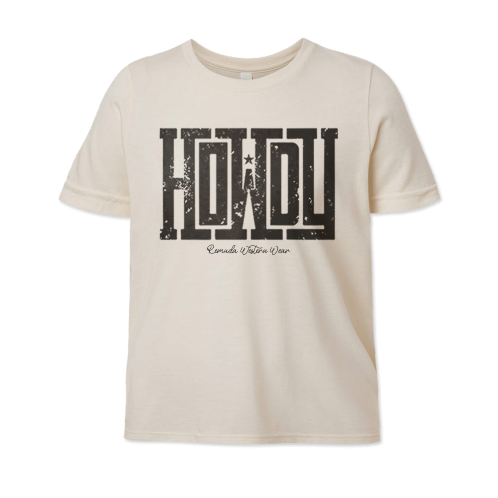 A western youth t-shirt with the word Howdy on the front. A great trendy solid natural colored tee for western wear, ranch wear, rodeo wear for any cowboy or cowgirl.